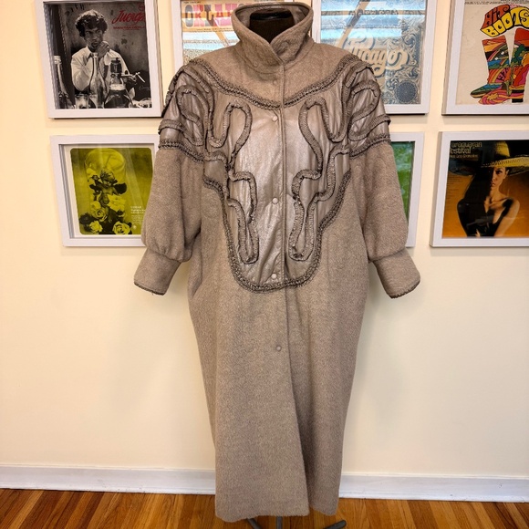 Vintage 80s Statement Taupe Wool & Leather Maxi Coat w/ Ornate Braided Trim - Picture 1 of 16